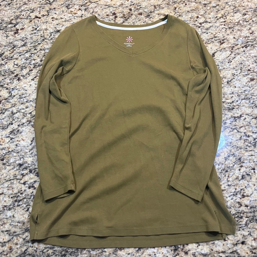 Isaac Mizrahi Live Essentials‎ Olive Green V-Neck Long Sleeve Top M